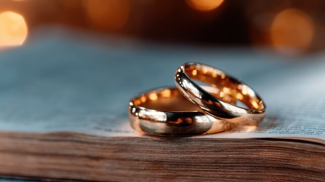 Two beautiful gold wedding rings sit gracefully on an open vintage book, symbolizing love, commitment, and cherished moments in our lives.