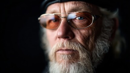 Close-up portrait of an elderly man with a thoughtful expression, wearing glasses and a leather hat against a dark background, evoking wisdom and experience.