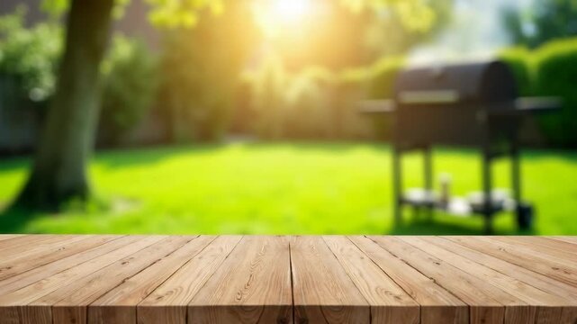 Wooden table top outdoors in sunny garden. Empty tabletop ideal for product display. Blurred background shows backyard setting with grill BBQ, green grass. Summer spring day. Relax.