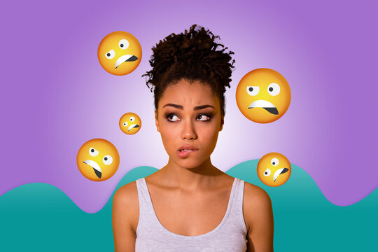 Collage of person surrounded by floating emoji icons expressing fun and different emotions happy joy angry oops lol