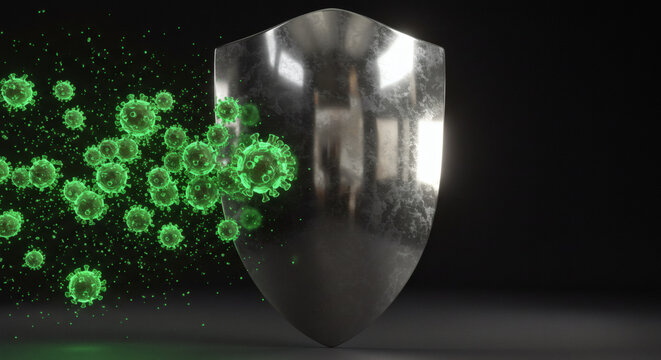 Digital shield defending against harmful virus particles, symbolizing cybersecurity and health protection