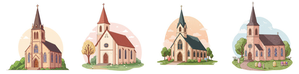 Naklejka premium Set of isolated colorful church illustrations in various styles 