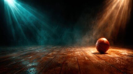 A solitary basketball rests on a polished wooden court, illuminated by dramatic lighting, creating an atmosphere of anticipation and focus for the game ahead.