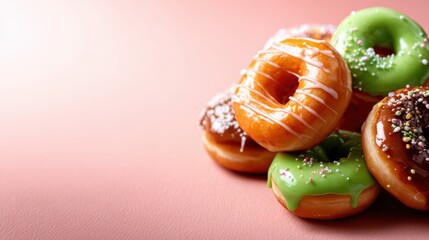 A vibrant collection of various donuts with colorful icing and toppings, perfect for celebrating sweet moments or enhancing any dessert-themed project.