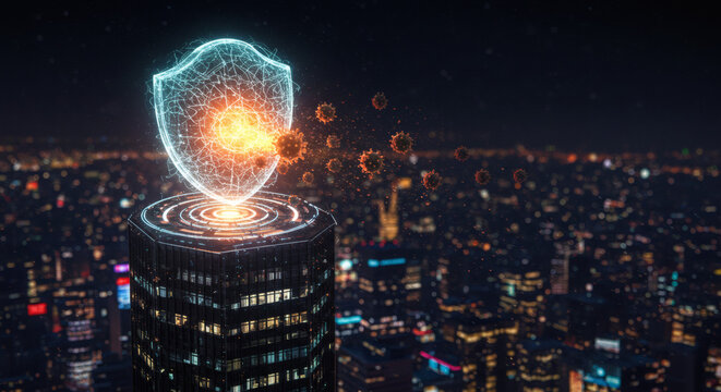 Abstract representation of a powerful shield breaking apart with energetic sparks and lightning, symbolizing digital security, data protection, and resilience against cyber attacks