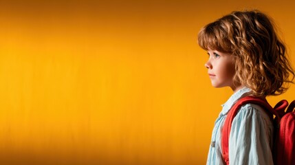 A charming side view of a young girl with curly hair and a backpack stands out against a bright yellow backdrop, conveying a sense of joy and exploration in childhood.