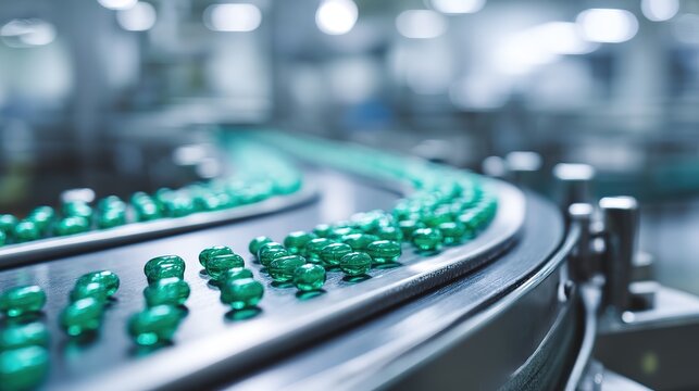 Green capsules on parallel curved metal conveyor belts in automated pharmaceutical production line factory