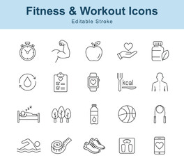 Naklejka premium Fitness and Workout Line Icons. Editable Stroke Vector Illustration. Exercise, Health, Diet, Sleep, Hydration, Sports, Wellness Etc.