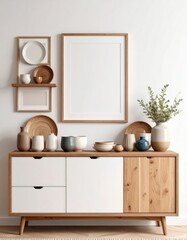 Serene Japandi Interior with Oak Sideboard and Blank Poster Mockup.
