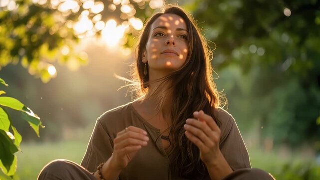 Peaceful woman nurturing young seedling in golden hour garden light, connecting with nature through environmental harmony