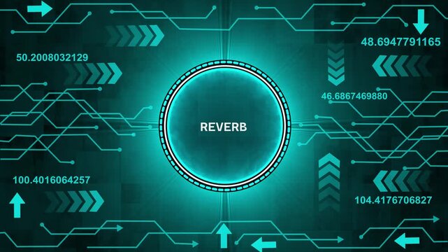 Futuristic digital interface with glowing neon circle displaying R E V E R B word surrounded by. abstract background animation. 4k render video and technology background.