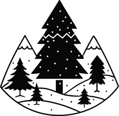 Obraz premium A black and white silhouette depicts a cozy cabin with a mountain backdrop, framed by three stylized pine trees.