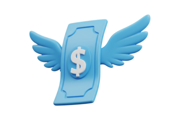 Money with Wings 3D Render: Concepts of Financial Freedom, Loss, Investment, and Rapid Spending