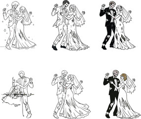 Zombie bride and groom dancing, spooky wedding celebration illustration, undead couple romance, Halloween horror theme, gothic vector characters, cartoon art.