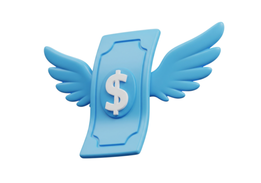 Money with Wings 3D Render: Concepts of Financial Freedom, Loss, Investment, and Rapid Spending