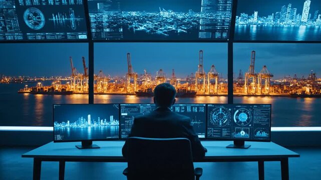 Man in Dark Suit Analyzing Cityscape Data on Multiple Screens at Night