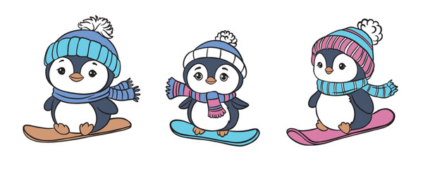 Cute cartoon penguins in winter hats and scarves riding snowboards, funny kids illustration, playful holiday character design, festive seasonal artwork