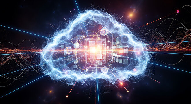 An abstract cloud with lines and squares in a dark digital space