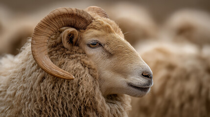 Fototapeta premium “Ouessant Sheep Ram Portrait with Horns – Breton Dwarf Sheep”