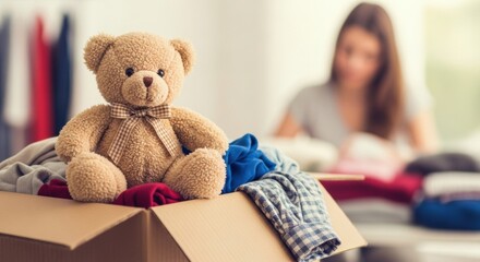 Cute teddy bear sits in a cardboard donation box full of clothes, with a woman sorting items in the background. A concept of giving and charity.