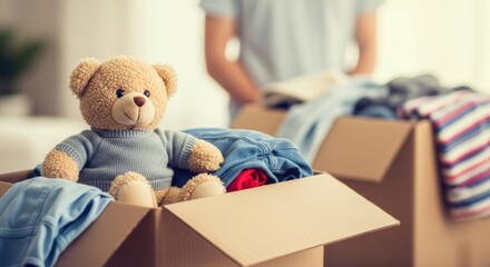 Adorable stuffed teddy bear wearing a sweater in a donation box filled with jeans and other apparel for a charity drive.
