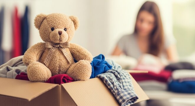 Cute teddy bear sits in a cardboard donation box full of clothes, with a woman sorting items in the background. A concept of giving and charity.
