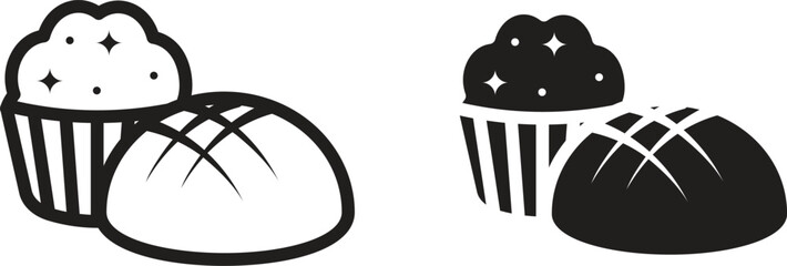 graphics showcasing a delightful combination of baked goods. One icon depicts a cupcake or muffin with decorative sprinkles, while the other represents a scored, artisan bread loaf