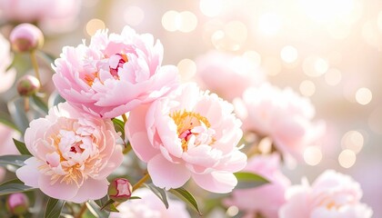 Enchanting soft pink peonies blooming under a gentle, sparkling light, perfect for romantic spring celebrations and delicate floral backgrounds