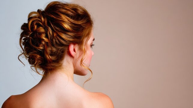 A stunning view of a beautifully styled hair updo from behind, ideal for weddings or formal events, showcasing intricate curls and a chic, sophisticated appearance.