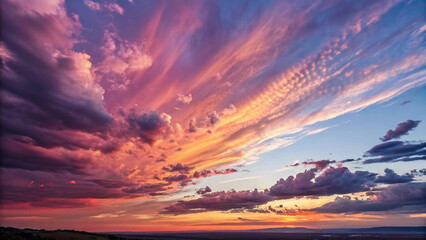 A breathtaking landscape photo of a vibrant sunset sky, with fiery clouds casting a glow over distant hills.