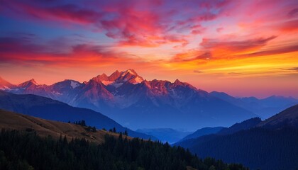 majestic mountain range with colorful sky