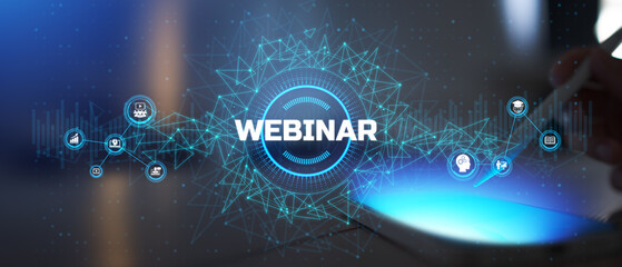 Online Webinar and Virtual Conference Participation Concept on a Digital Interface.