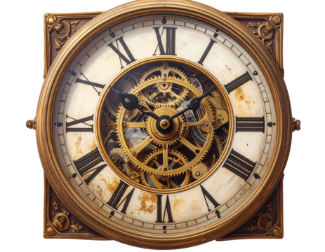 A clock with roman numerals and gears. on transparent background png