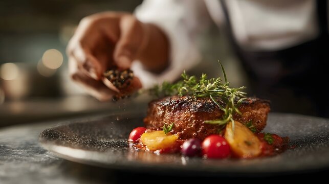 Gourmet dish prepared by a private chef in a luxury kitchen