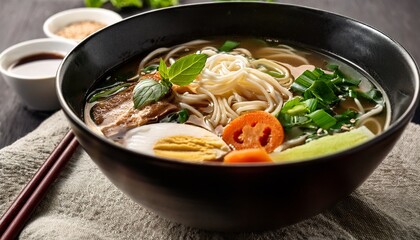 delicious bowl of noodle soup with fresh ingredients