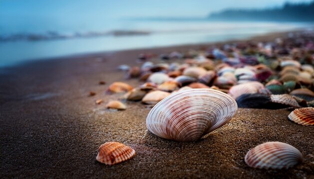 the memory of the sea beautiful seashells on shell beach cockle cardium near the surf line winter foggy cold sea anadara scapharca inaequivalis an ancient mollusk from the cretaceous period