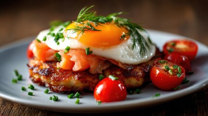 A mouthwatering breakfast plate featuring crispy fritters topped with a sunny-side-up egg and tomatoes, creating a colorful and appetizing start to the day.