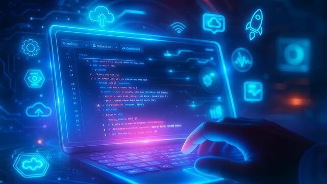 Coding and programming interface on a laptop screen with cloud, Wi-Fi, and digital symbols, representing software development and technology.
