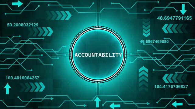 Neon glowing circle with the word accountability in the center surrounded by digital circuit. abstract background animation. 4k render video and technology background.