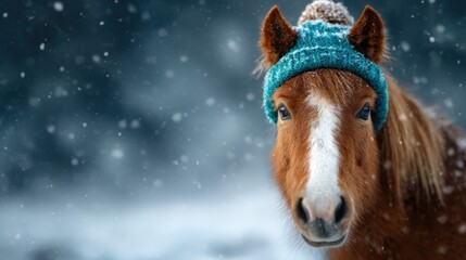 A lovely brown horse adorned with a colorful knitted hat amidst a snowy backdrop, capturing a whimsical and playful mood, perfect for animal lovers and winter scenes.