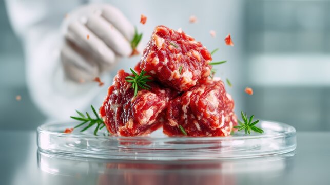 A professional presentation of fresh raw meat cubes garnished with herbs, symbolizing quality and preparation in culinary and food science, ideal for chefs and butchers.
