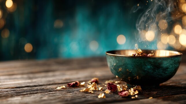 An enchanting bowl filled with dried rose petals releasing aromatic smoke, evoking a tranquil and mystical ambiance, perfect for wellness themes and relaxation.