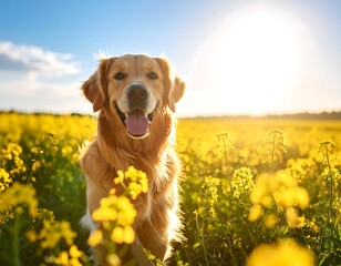 Golden Retriever in a Field of Mustard Flowers