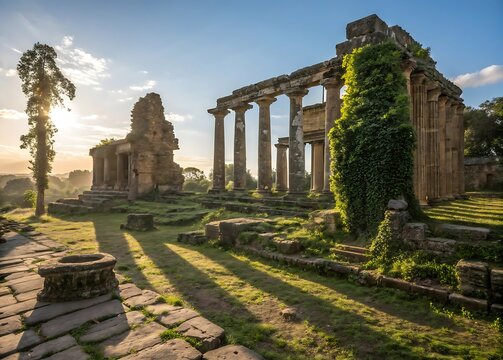 Ancient roman temple ruins bathed in golden sunlight with lush greenery