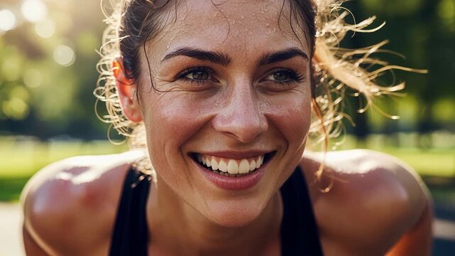 Athletic sportswoman celebrating victory with joyful laughter captured in slow motion showing triumph and achievement