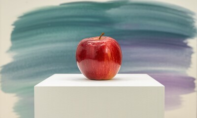 A single, vibrant red apple sits on a plain white cube, in front of a backdrop of painted teal and purple brushstrokes