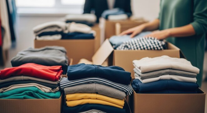Volunteers sorting and packing neatly folded colorful clothes into cardboard boxes for a humanitarian aid and charity clothing drive.