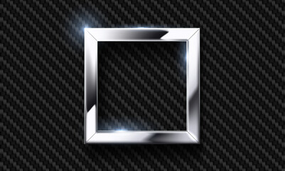 Vector chrome metal square frame on carbon fiber material tech background. Stainless steel, shiny silver metallic rectangular frame. Industrial wallpaper