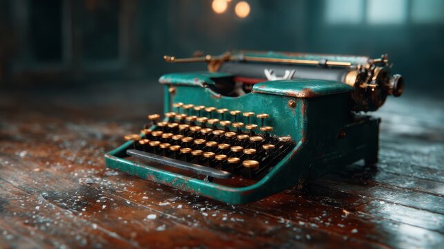 A vintage typewriter displaying a sense of nostalgia sits atop a rustic wooden table, surrounded by hints of dust, representing the charm of traditional writing.
