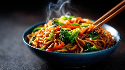 A steaming bowl of noodles topped with vibrant vegetables, presenting a delectable image that evokes hunger and showcases the art of culinary delights.